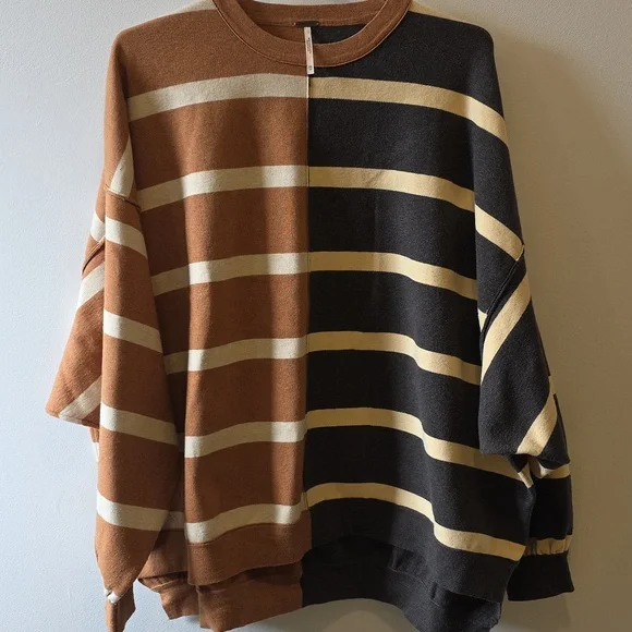 Free People Oversized Gray Beige & Cream Striped Sweater - Picture 2 of 6